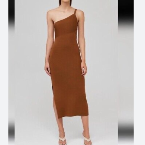 House of Harlow 1960 Ribbed One Shoulder Midi Dress Size Medium NWTS Brown - Picture 2 of 5